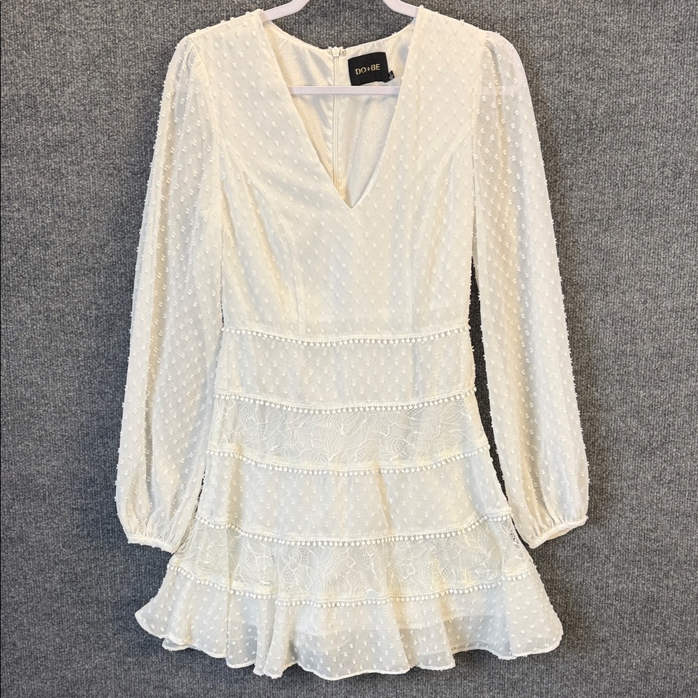 DO+BE Cream Swiss Dot V-Neck Tiered Mini Dress